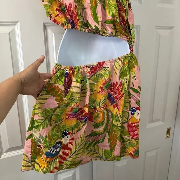 Farm Rio Macaw Leaves One-Shoulder Cut-Out Mini dress